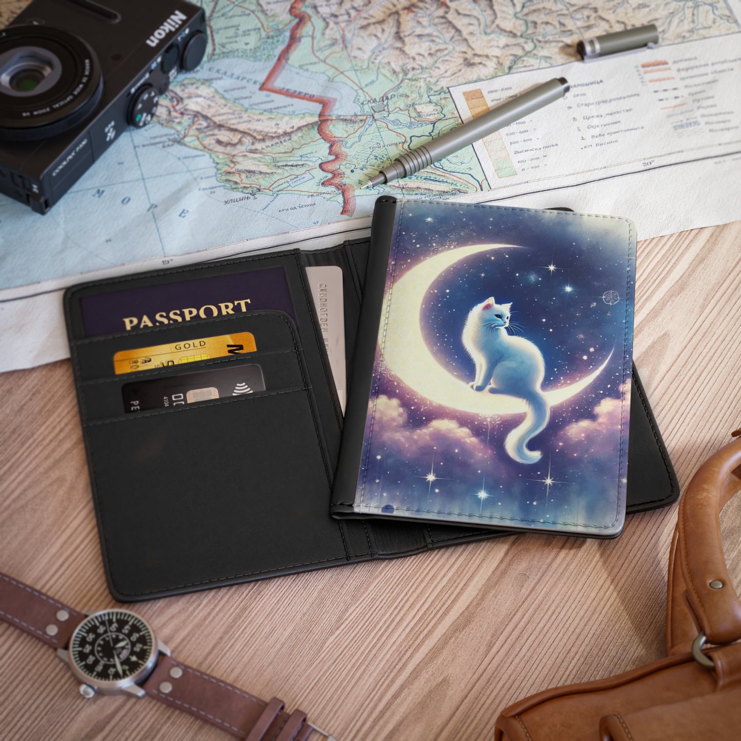 Moon Cat Lover Passport Cover, Travel Holder, Kitty Passport Case, Cute Travel Wallet, Cat Lover Gift