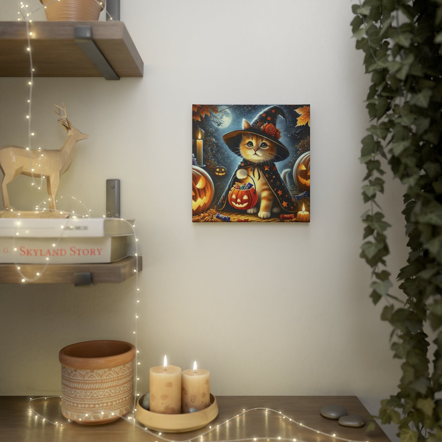 Halloween Decoration - Orange Cat Witch Trick or Treating - Wall Art Decor 8x8Â Â