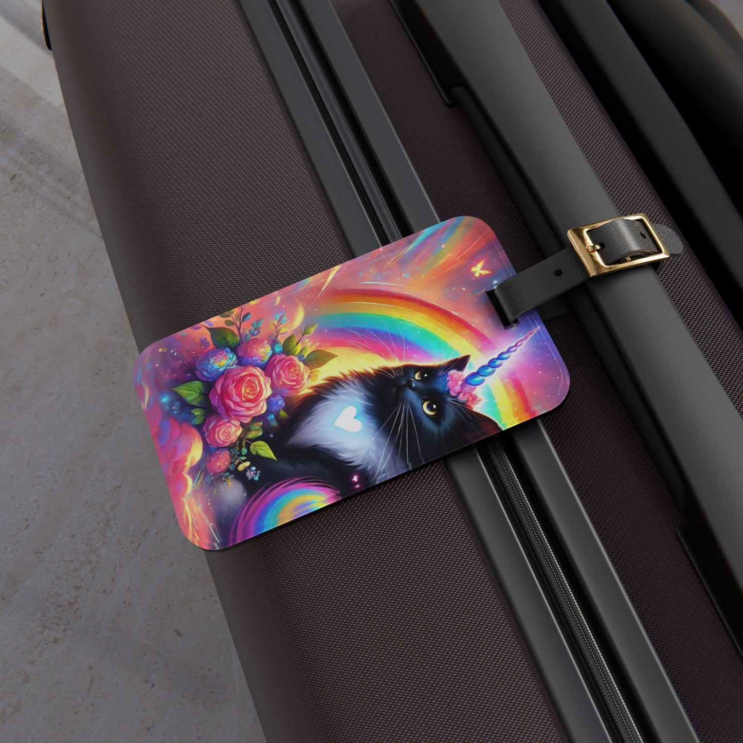 Black Caticorn - Pink Flowers - Cat Unicorn - Luggage Tag - Travel Gift