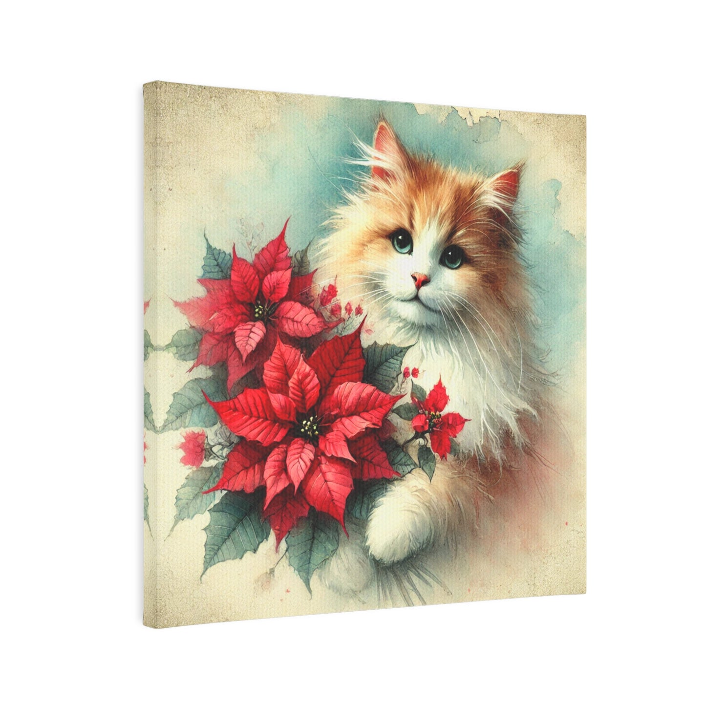 Vintage Poinsettia Bouquet - Cat Lover - Holiday Decor - Wall Art Decor 8x8