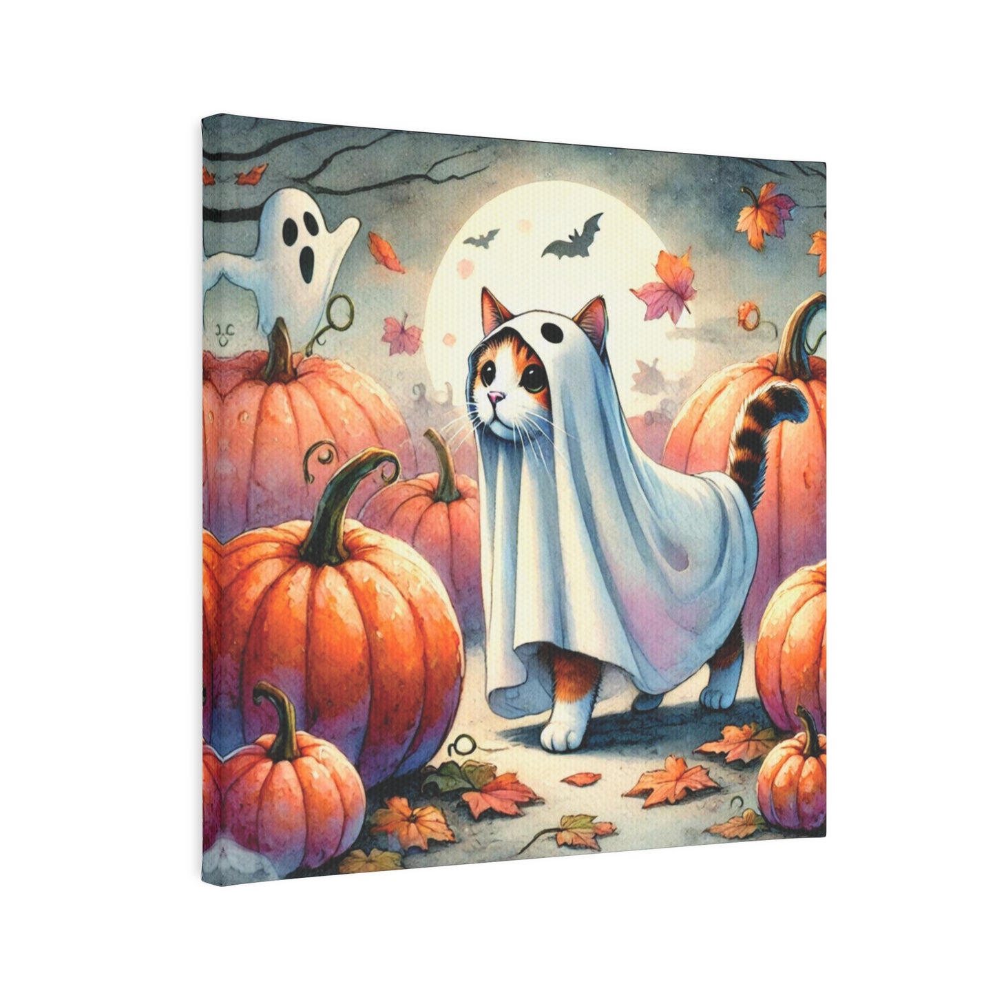Halloween Ghost Cat in Pumpkin Patch - Wall Art Decor 8x8