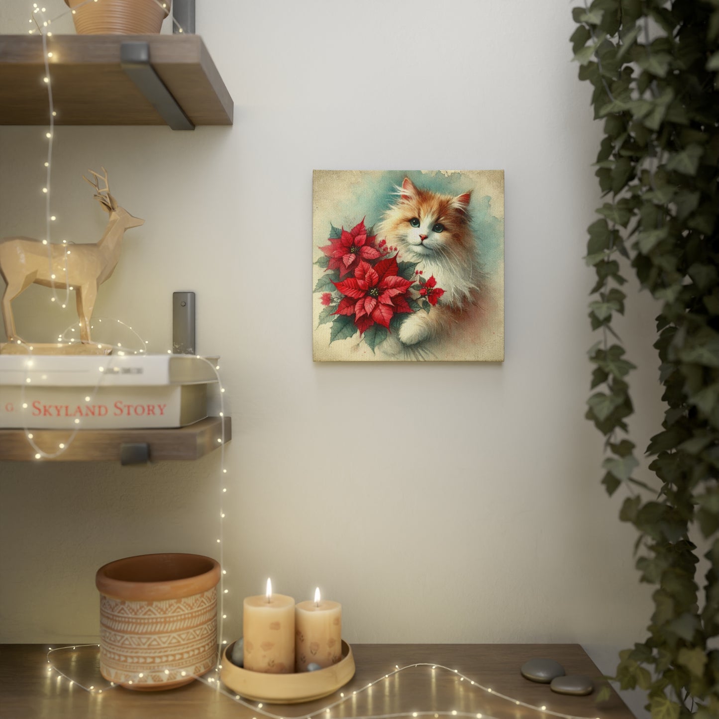 Vintage Poinsettia Bouquet - Cat Lover - Holiday Decor - Wall Art Decor 8x8