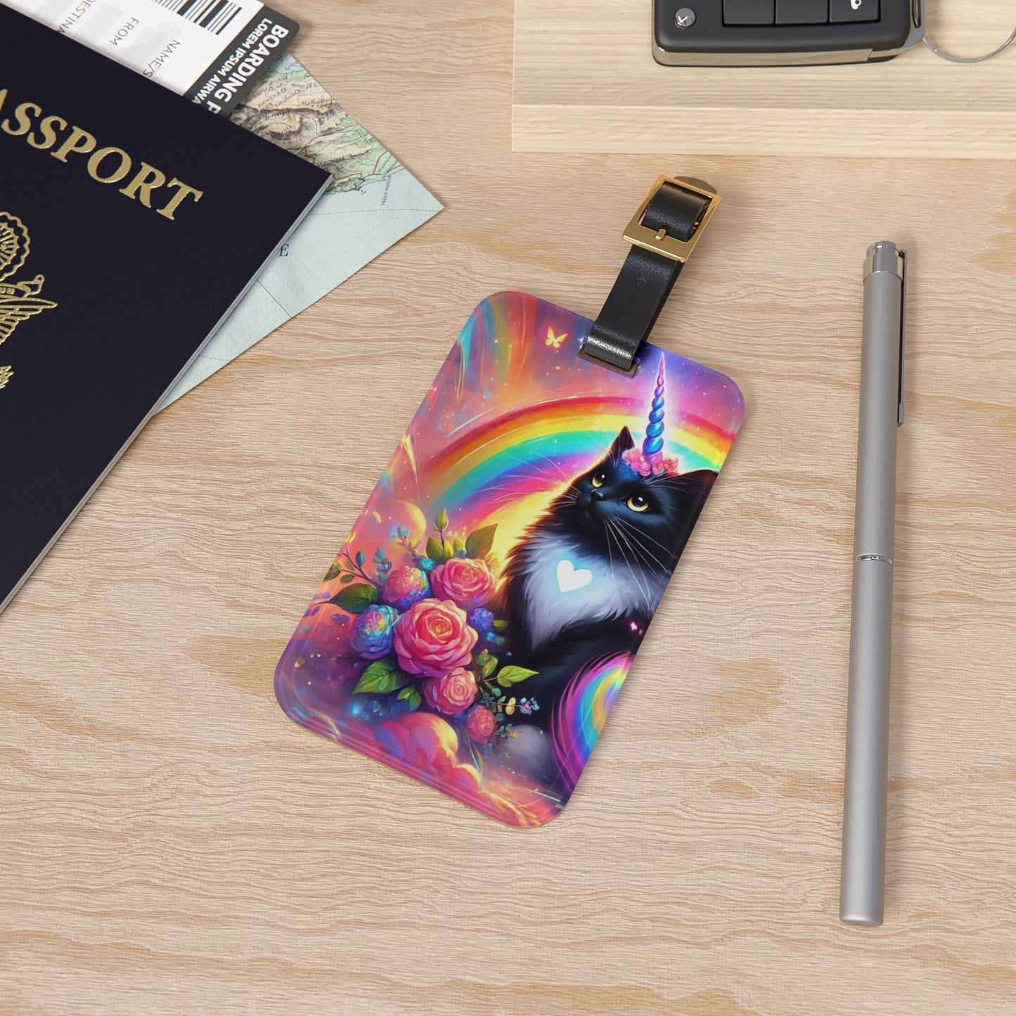 Black Caticorn - Pink Flowers - Cat Unicorn - Luggage Tag - Travel Gift