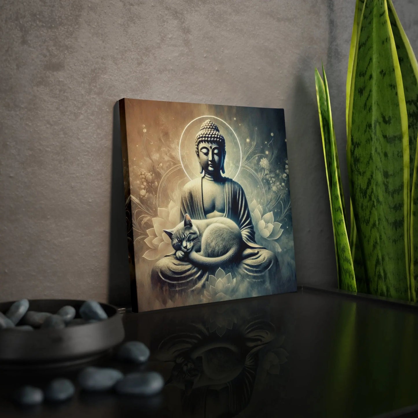 Cat Naps on Buddha Statue - Cat Lover - Wall Art Decor 8x8Â Â