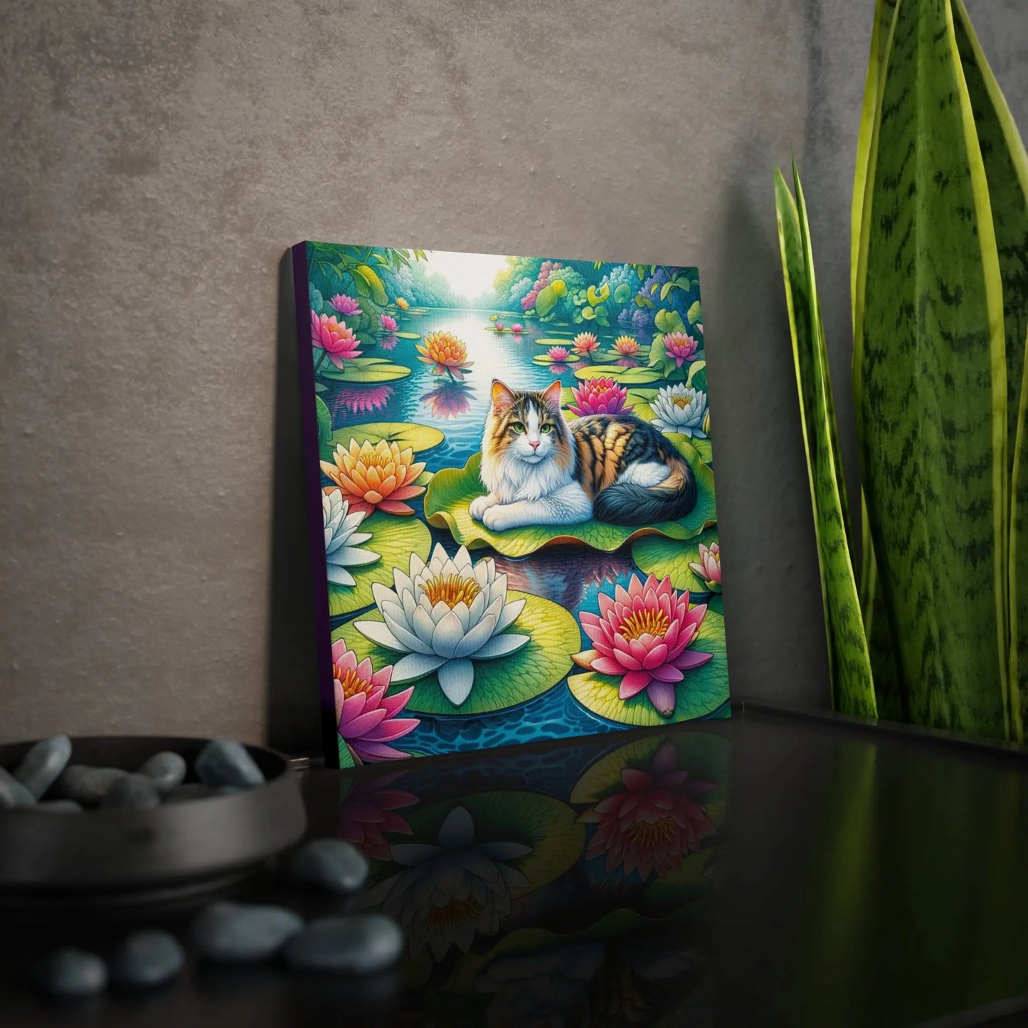 July Birthday Water Lilly Cat Lover Wall Art Decor - Great Birthday Gift - 8 x 8 Canvas Tile Print - Montecore PawPrints