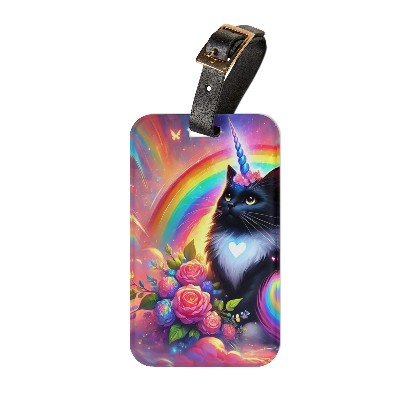 Black Caticorn - Pink Flowers - Cat Unicorn - Luggage Tag - Travel Gift