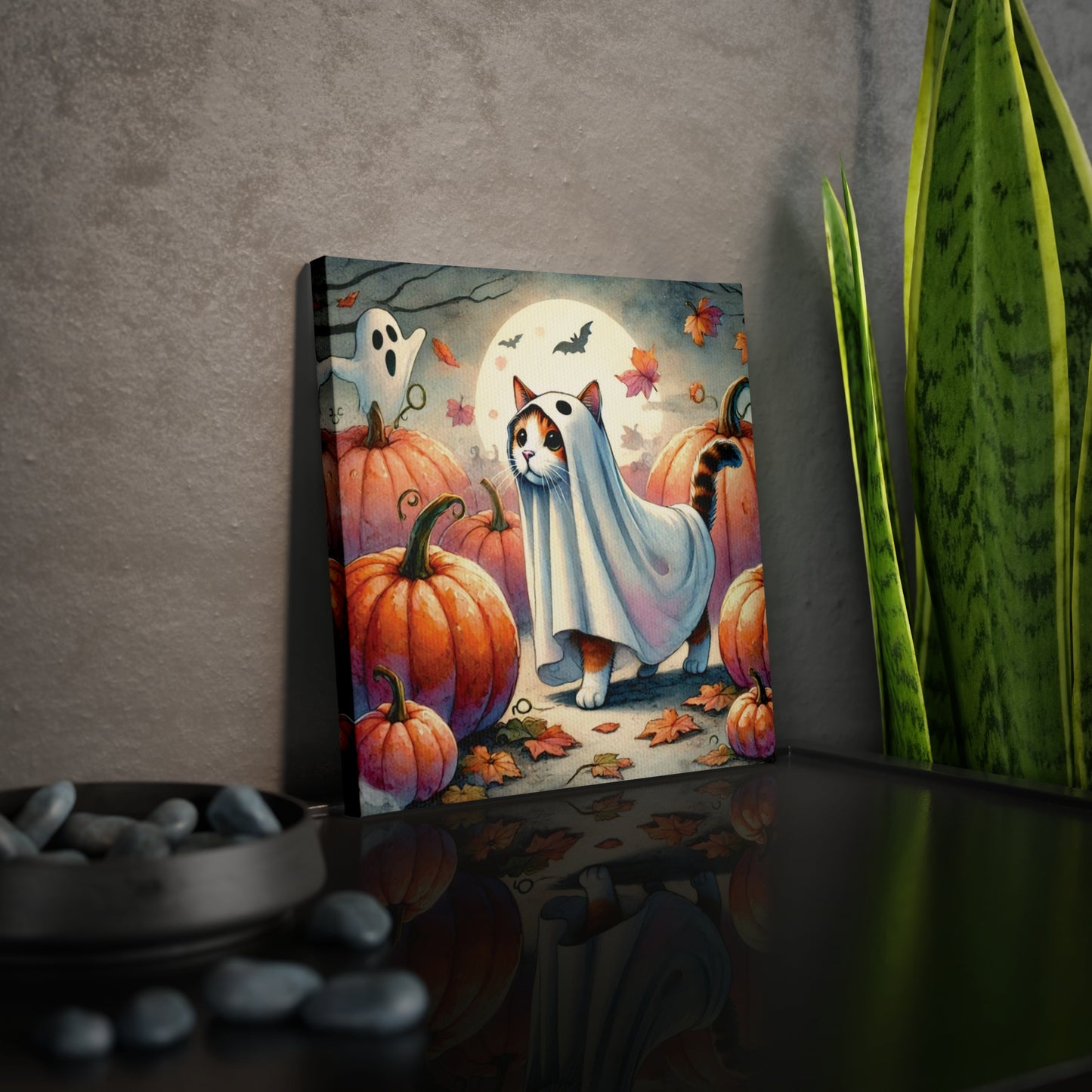 Halloween Ghost Cat in Pumpkin Patch - Wall Art Decor 8x8