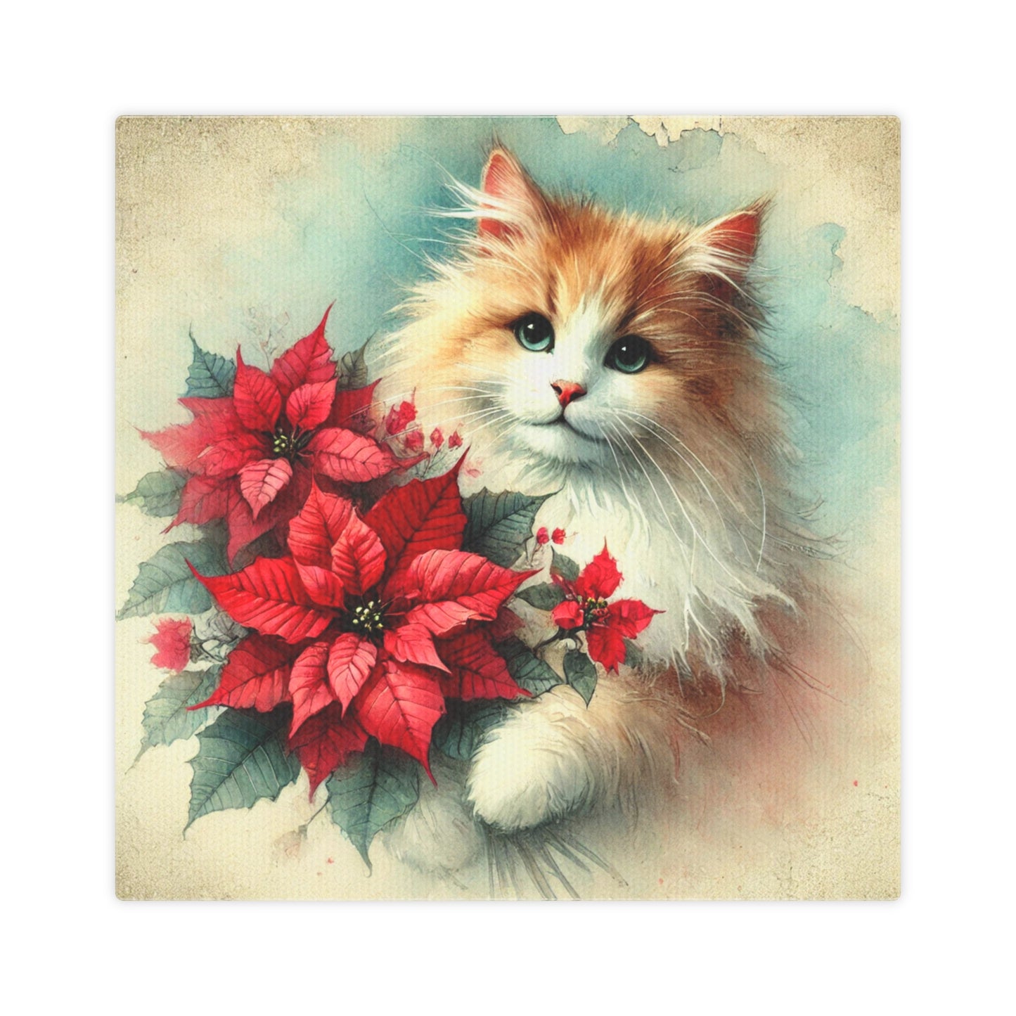 Vintage Poinsettia Bouquet - Cat Lover - Holiday Decor - Wall Art Decor 8x8