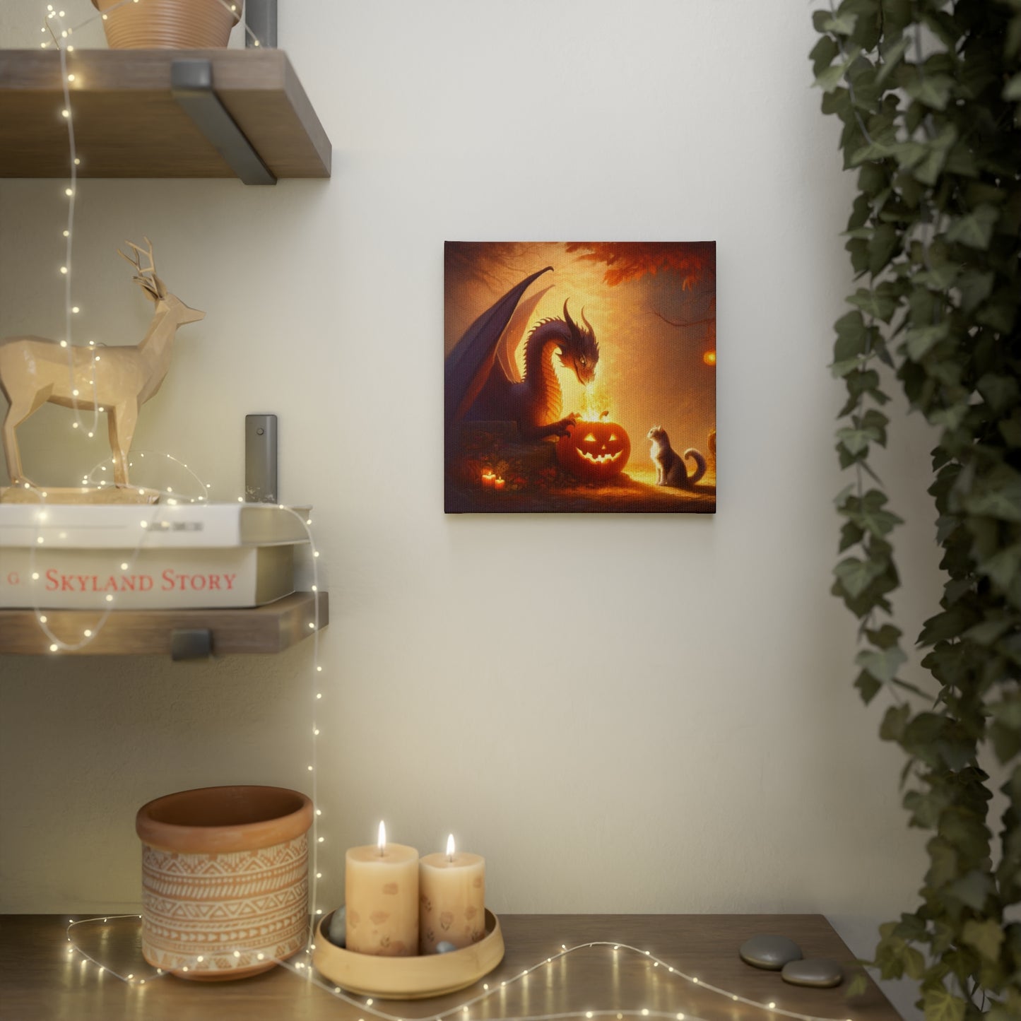 Dragon Jack-O-Lantern Lighting - Cat Lover Halloween - Wall Art Decor 8x8