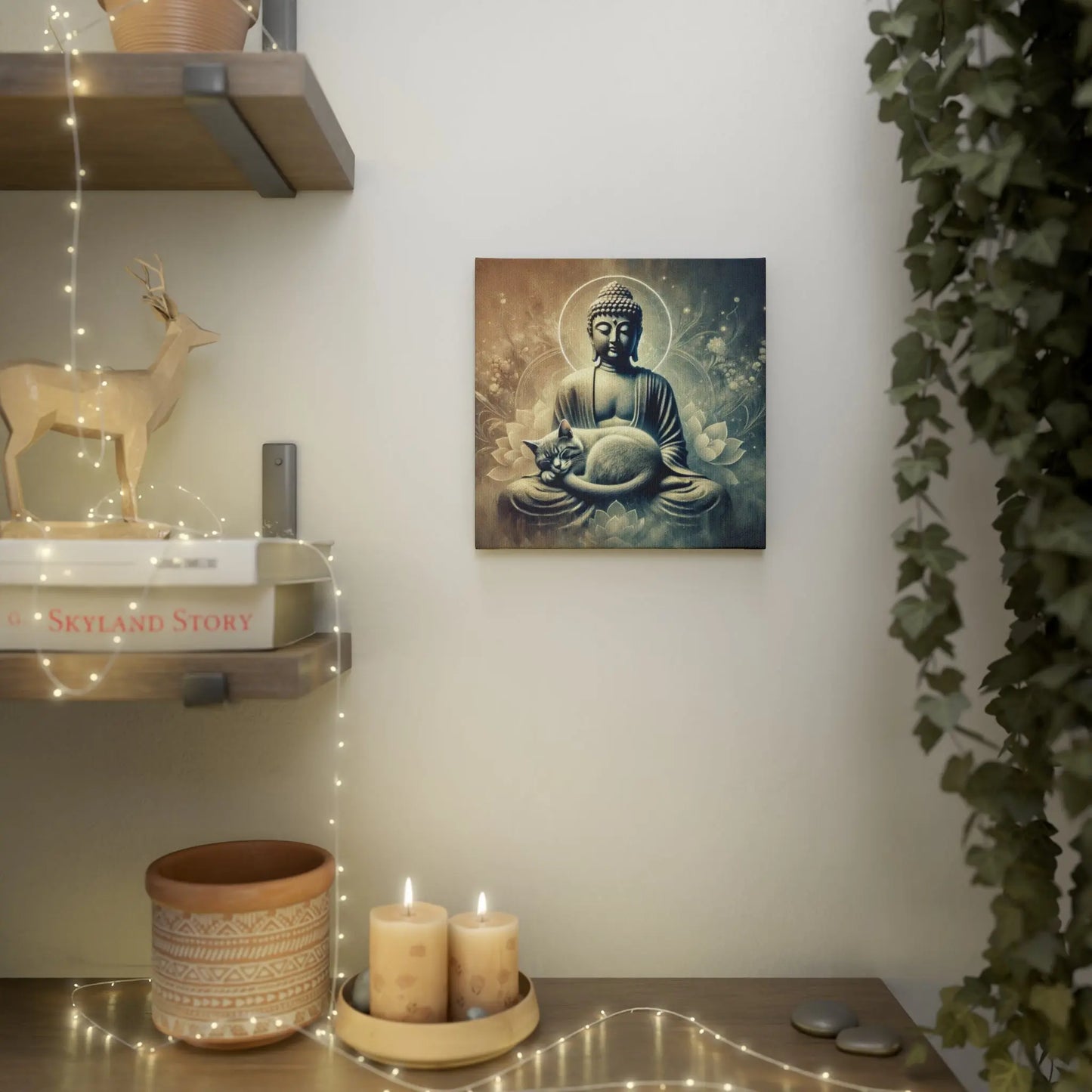 Cat Naps on Buddha Statue - Cat Lover - Wall Art Decor 8x8Â Â