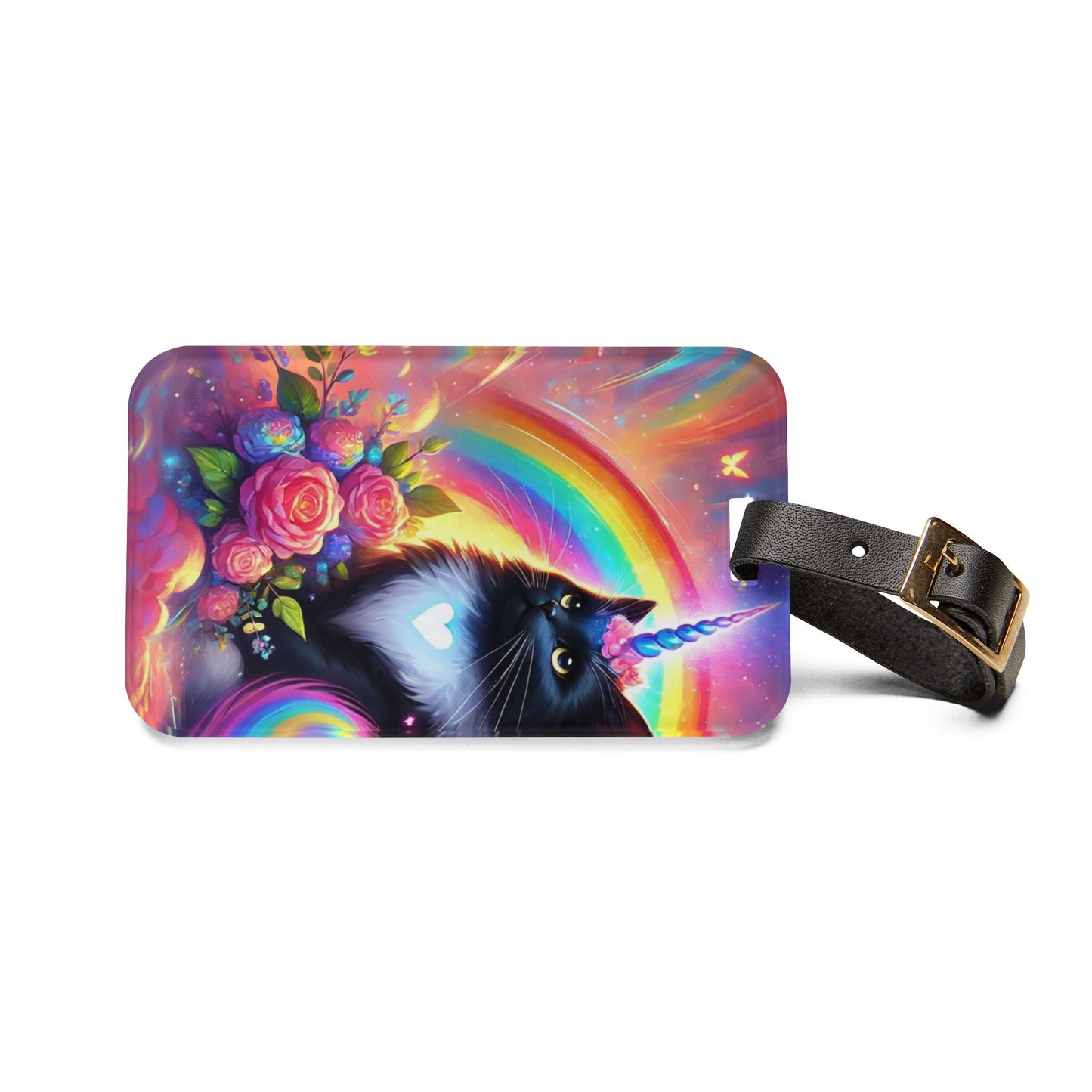 Black Caticorn - Pink Flowers - Cat Unicorn - Luggage Tag - Travel Gift