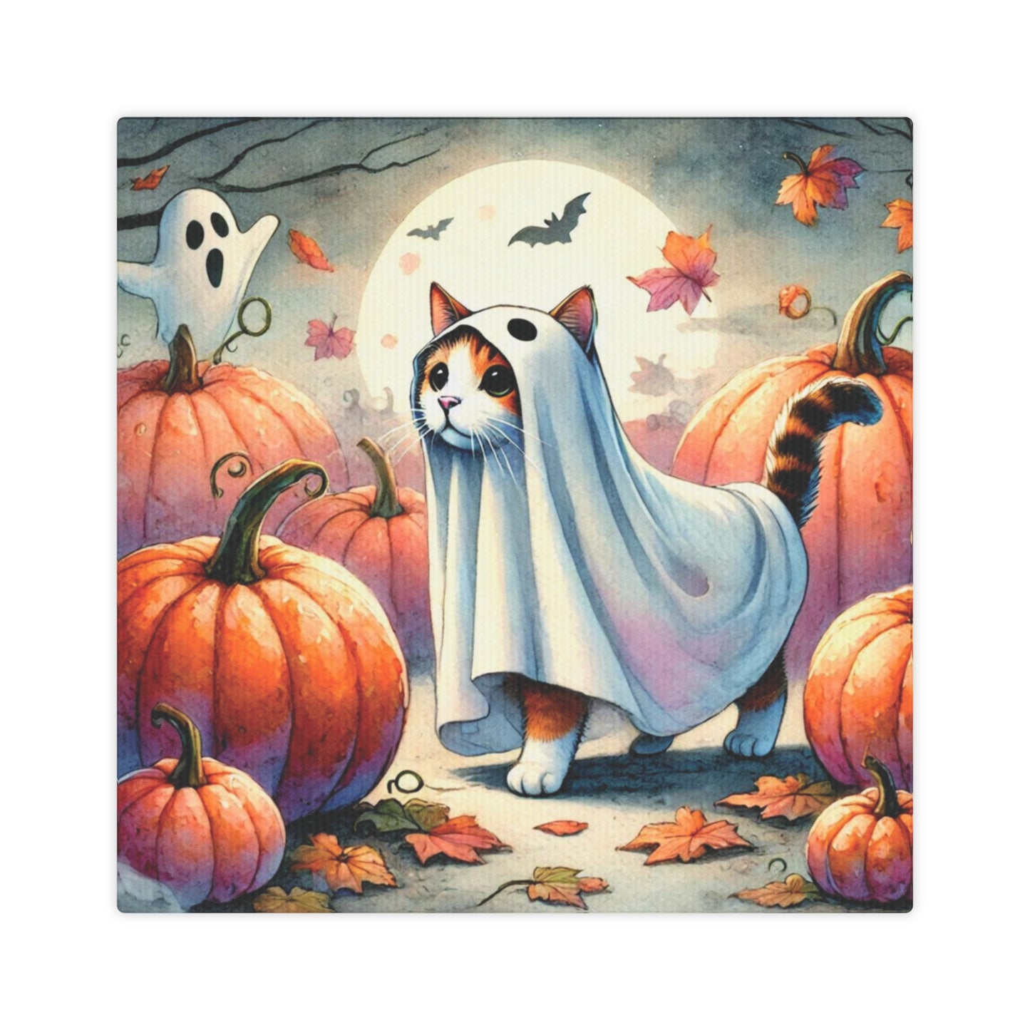 Halloween Ghost Cat in Pumpkin Patch - Wall Art Decor 8x8