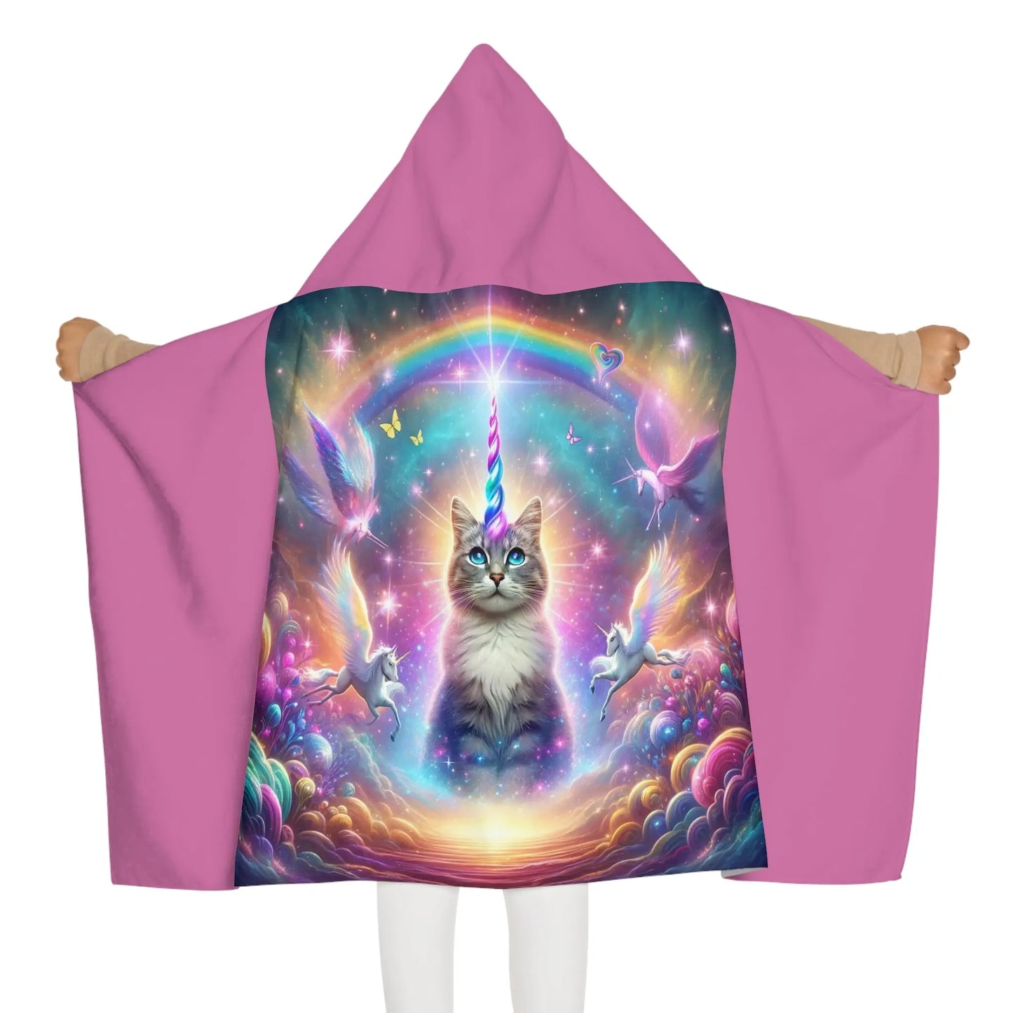 Caticorn - Cat Unicorn - Rainbow - Youth Hooded Towel - Pink