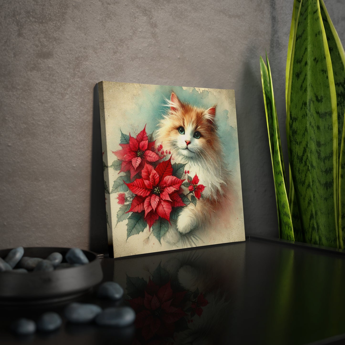 Vintage Poinsettia Bouquet - Cat Lover - Holiday Decor - Wall Art Decor 8x8