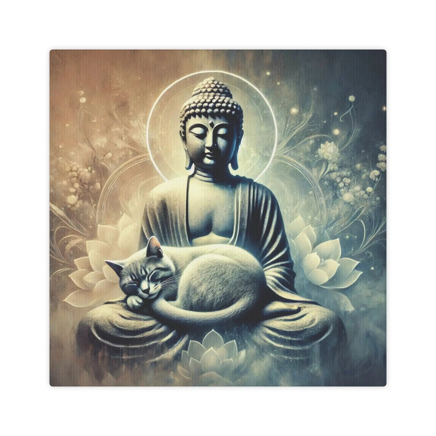 Cat Naps on Buddha Statue - Cat Lover - Wall Art Decor 8x8Â Â