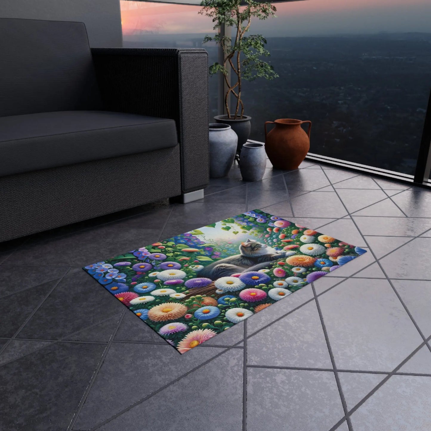 September Birth Flower - Aster and Morning Glory - Cat Lover - Indoor/Outdoor Rug