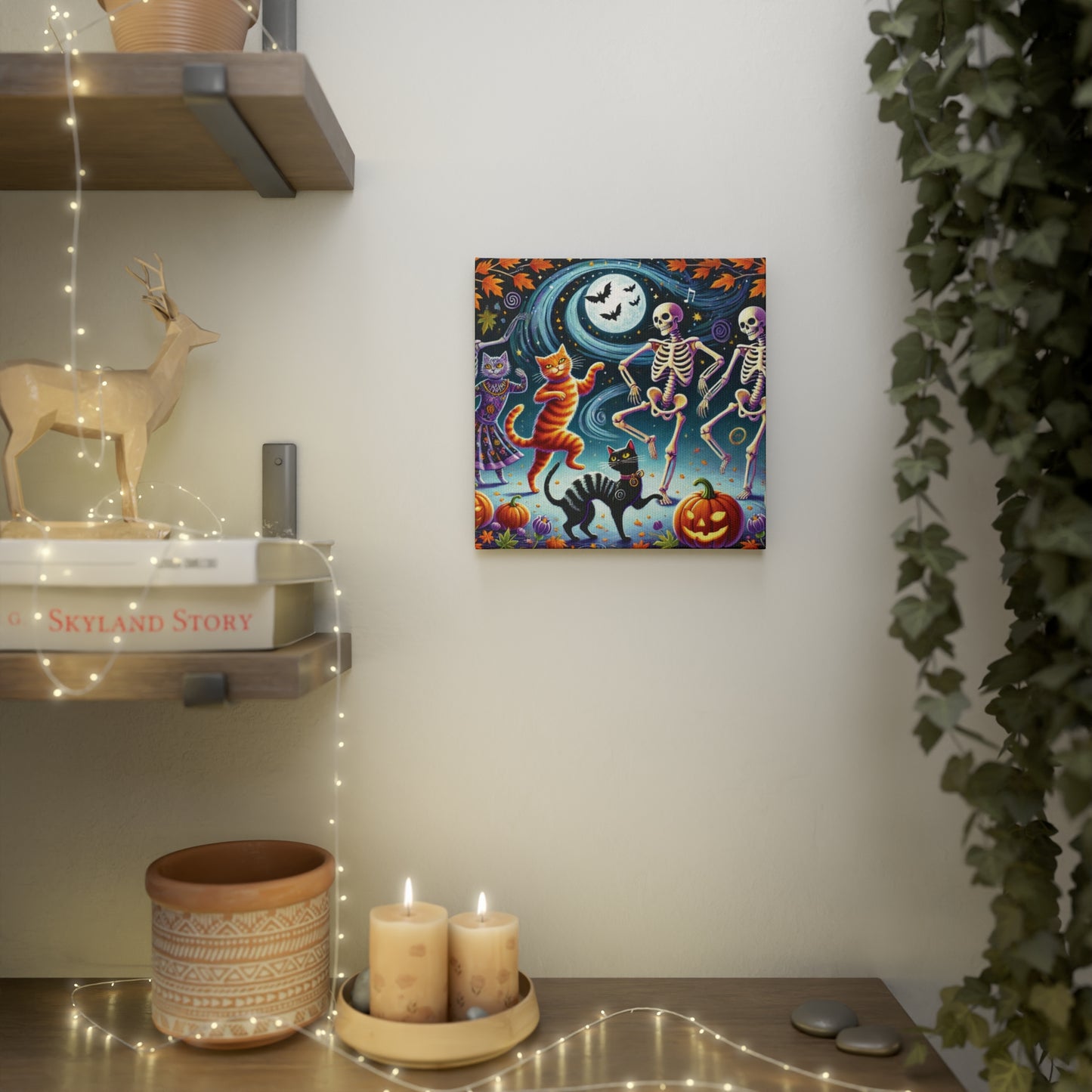 Skeleton Dance - Cat Lover - Wall Art Decor 8x8 - Halloween Decor