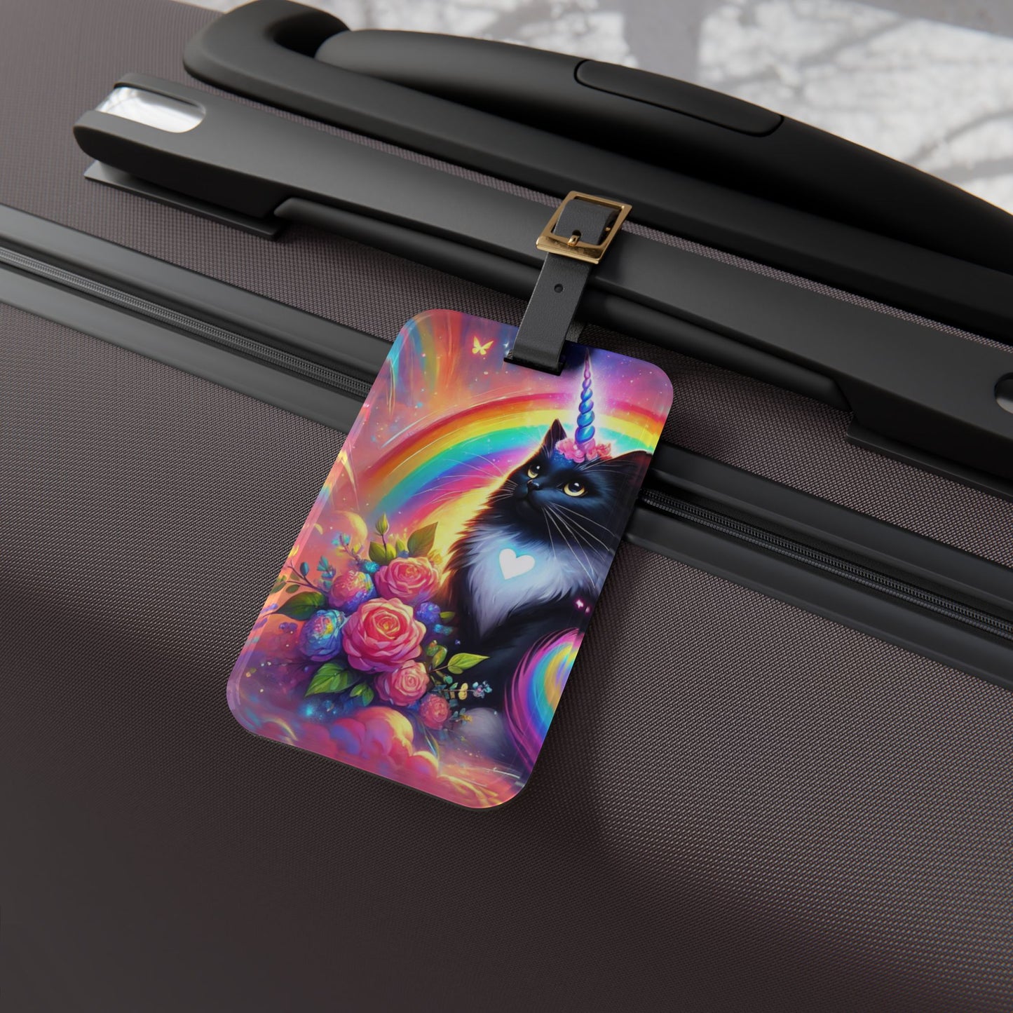 Black Caticorn - Pink Flowers - Cat Unicorn - Luggage Tag - Travel Gift