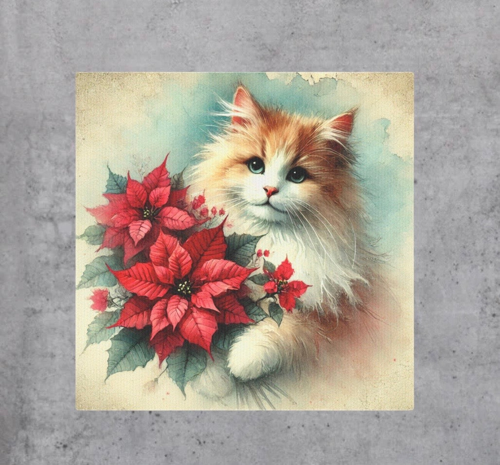 Vintage Poinsettia Bouquet - Cat Lover - Holiday Decor - Wall Art Decor 8x8