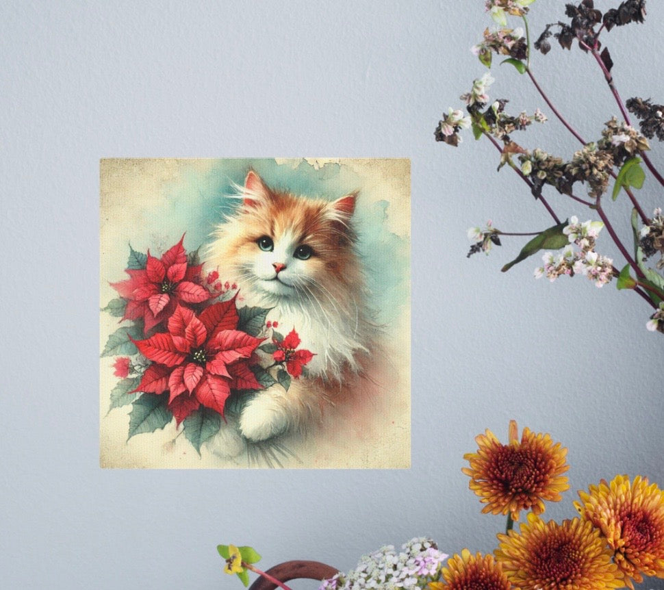 Vintage Poinsettia Bouquet - Cat Lover - Holiday Decor - Wall Art Decor 8x8