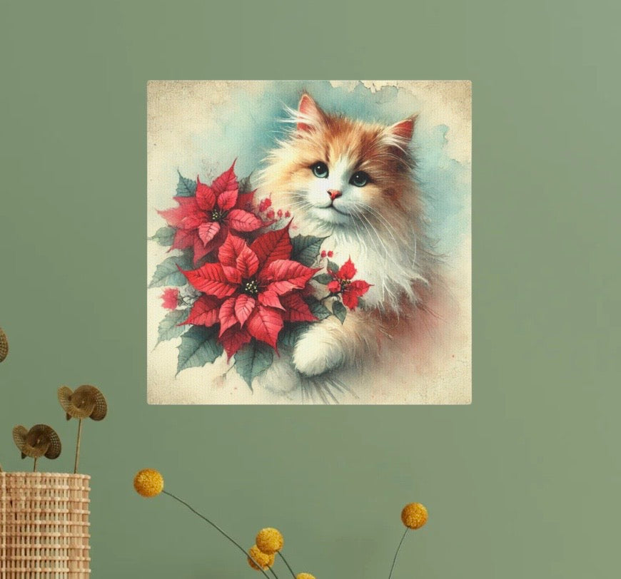 Vintage Poinsettia Bouquet - Cat Lover - Holiday Decor - Wall Art Decor 8x8