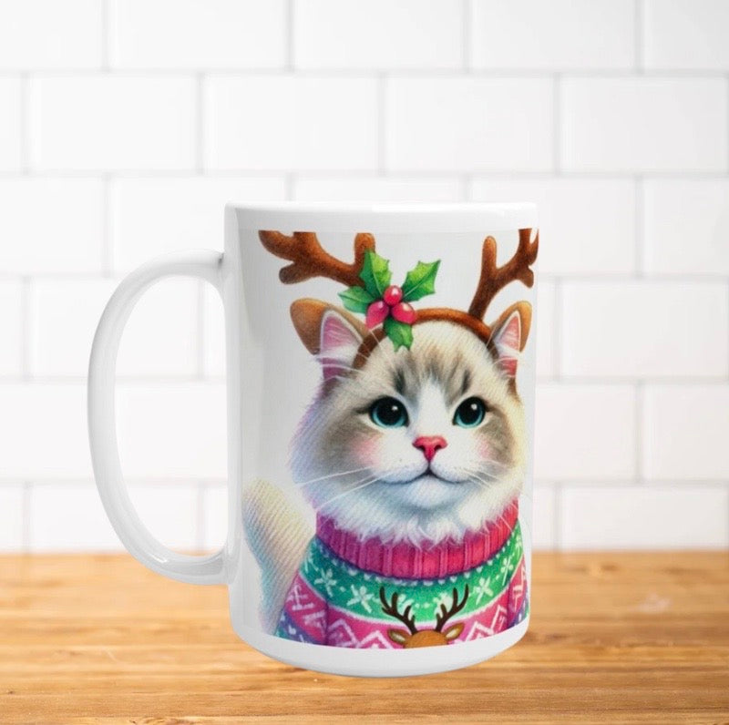 Cat Reindeer - Christmas - 15oz Ceramic Mug