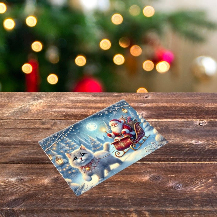 Cat Magic Sleigh - Pack of 10 Blank Holiday Greeting Cards Â
