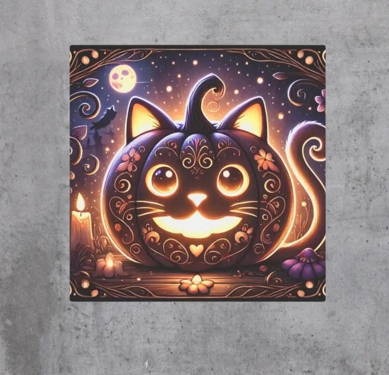 Halloween Decor - Cat Jack-O-Lattern - Cat Lover - Wall Art Decor 8x8