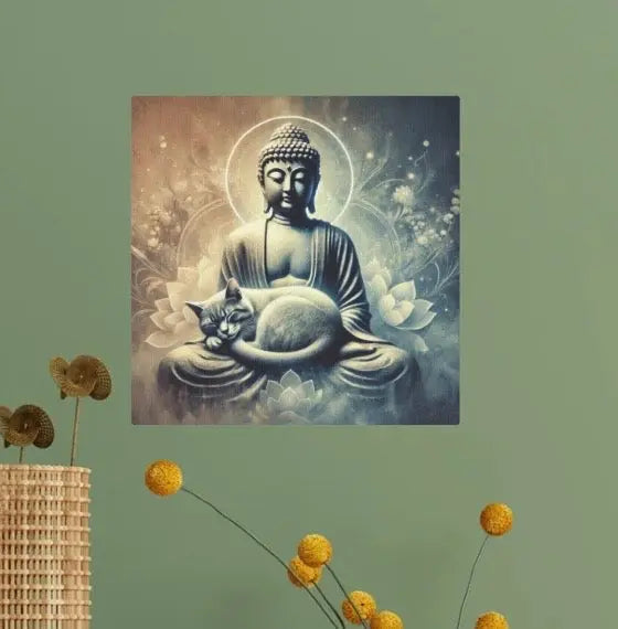 Cat Naps on Buddha Statue - Cat Lover - Wall Art Decor 8x8Â Â