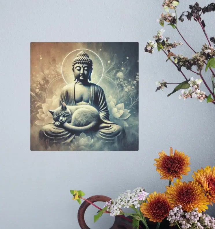 Cat Naps on Buddha Statue - Cat Lover - Wall Art Decor 8x8Â Â