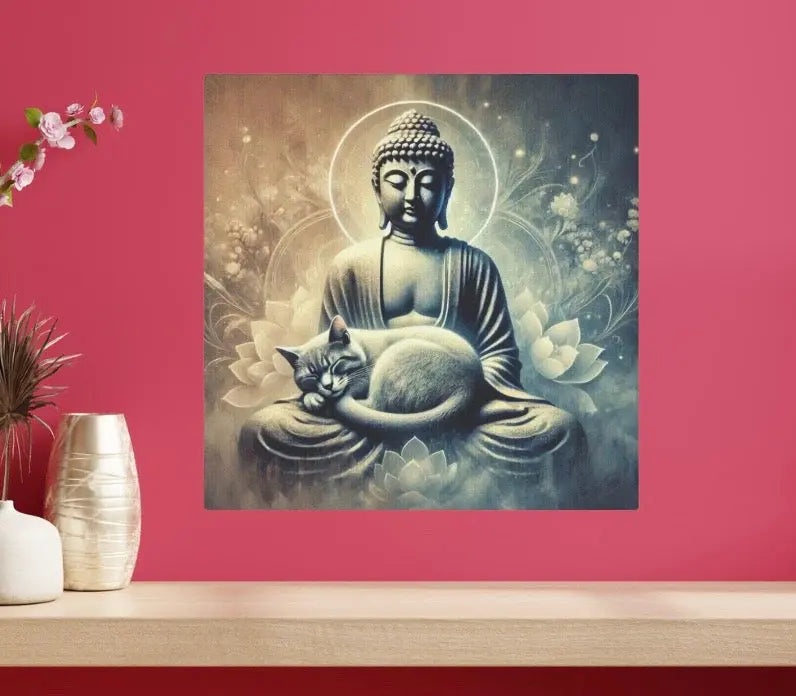 Cat Naps on Buddha Statue - Cat Lover - Wall Art Decor 8x8Â Â