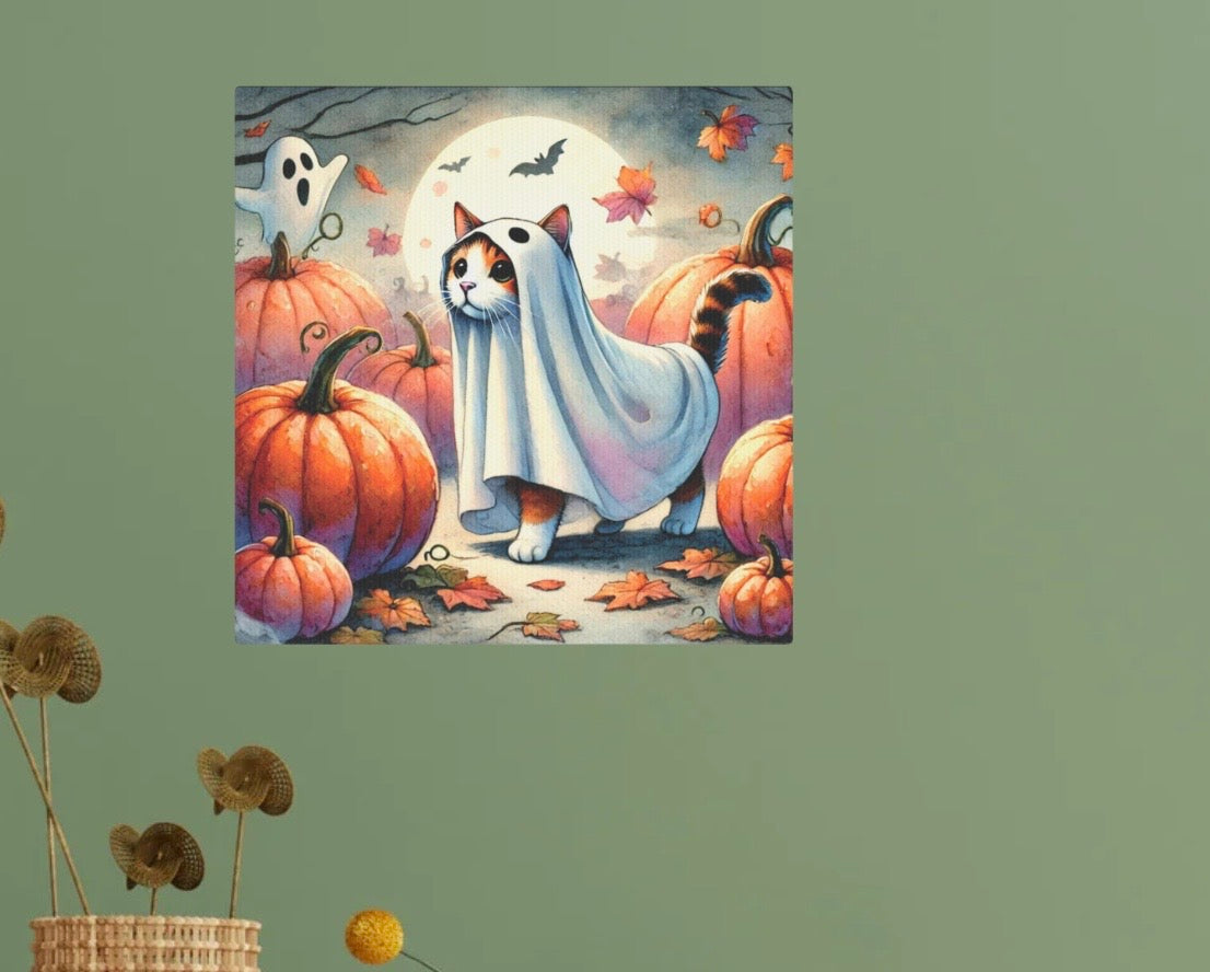 Halloween Ghost Cat in Pumpkin Patch - Wall Art Decor 8x8