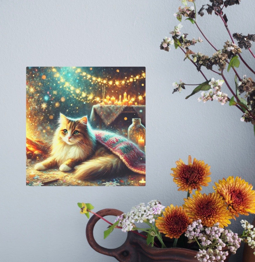 Winter Warmth by the Fire - Cat Lover - Wall Art Decor 8x8