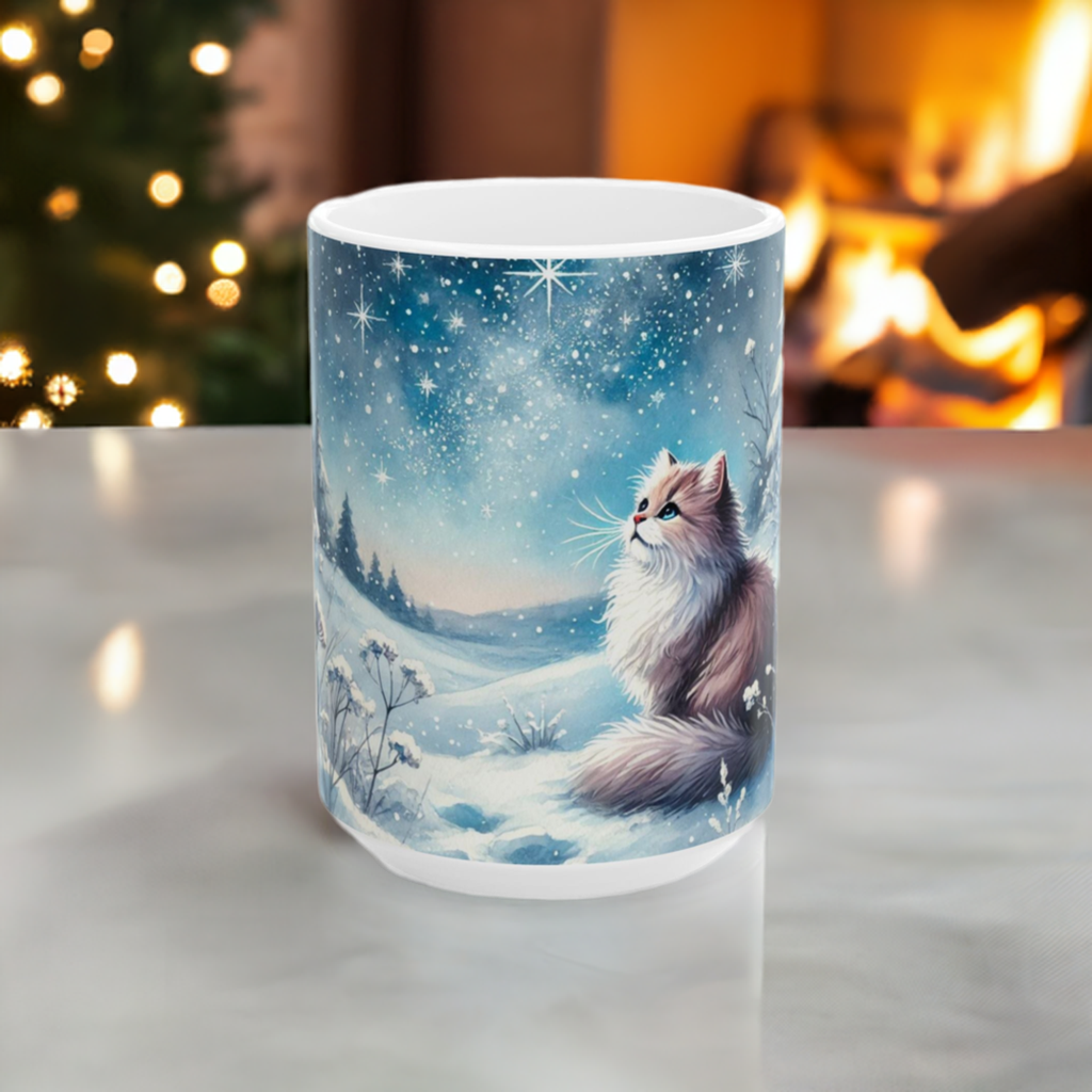 Winter Star Gazing - Cat Lover - Ceramic Mug, (11oz, 15oz)