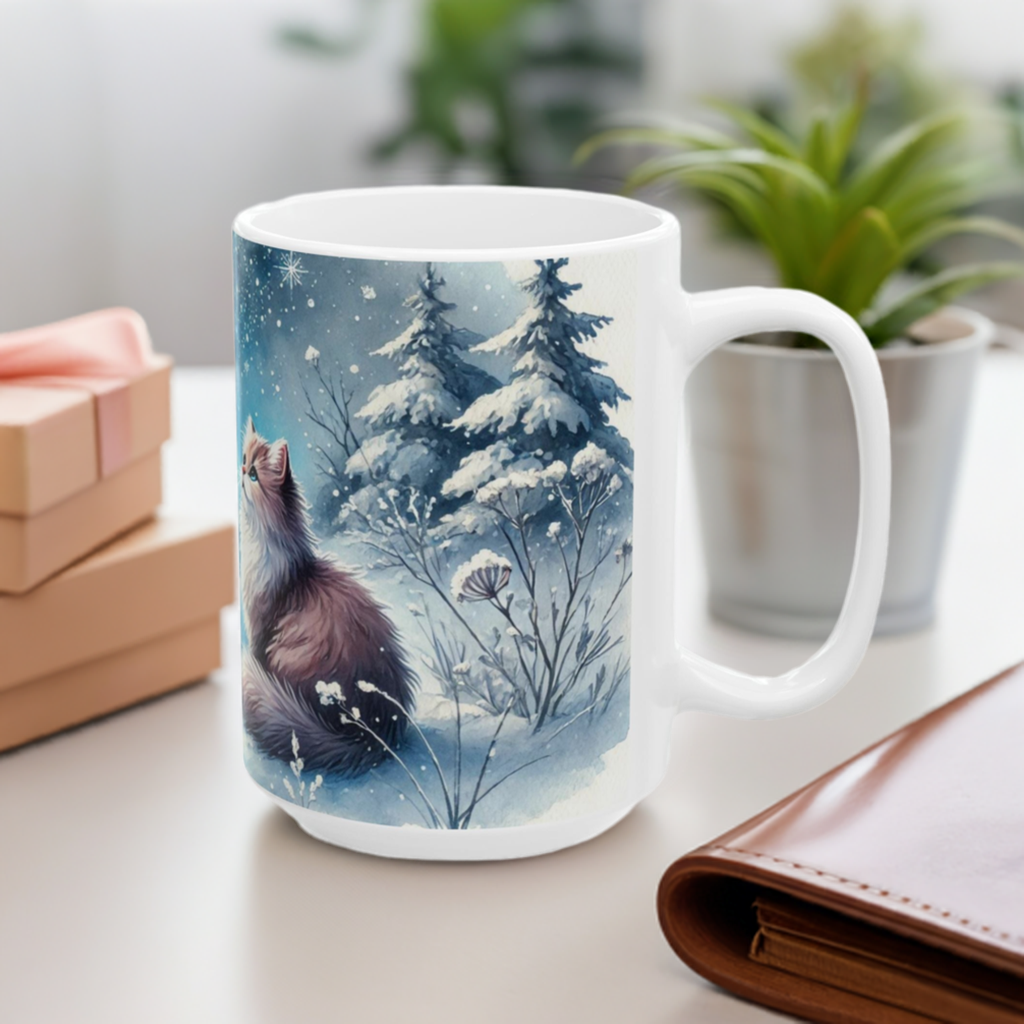 Winter Star Gazing - Cat Lover - Ceramic Mug, (11oz, 15oz)