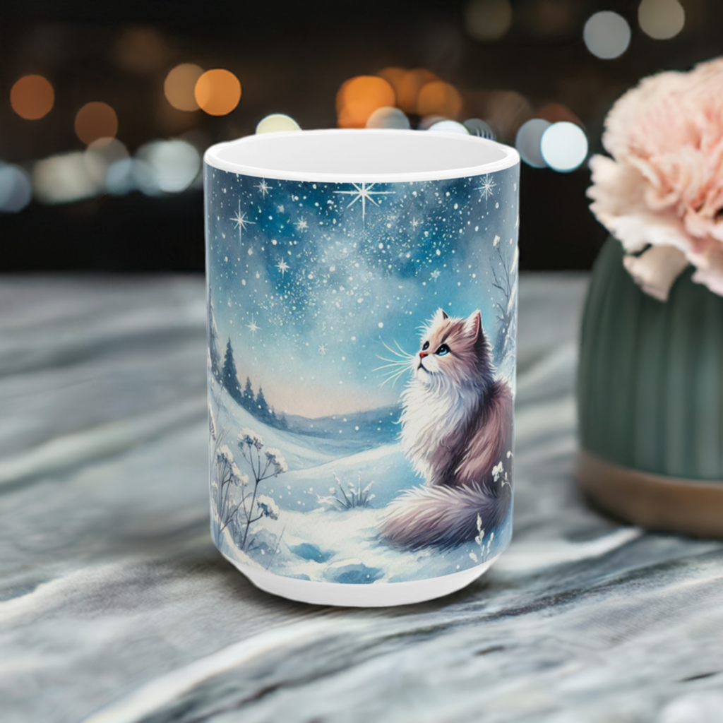 Winter Star Gazing - Cat Lover - Ceramic Mug, (11oz, 15oz)