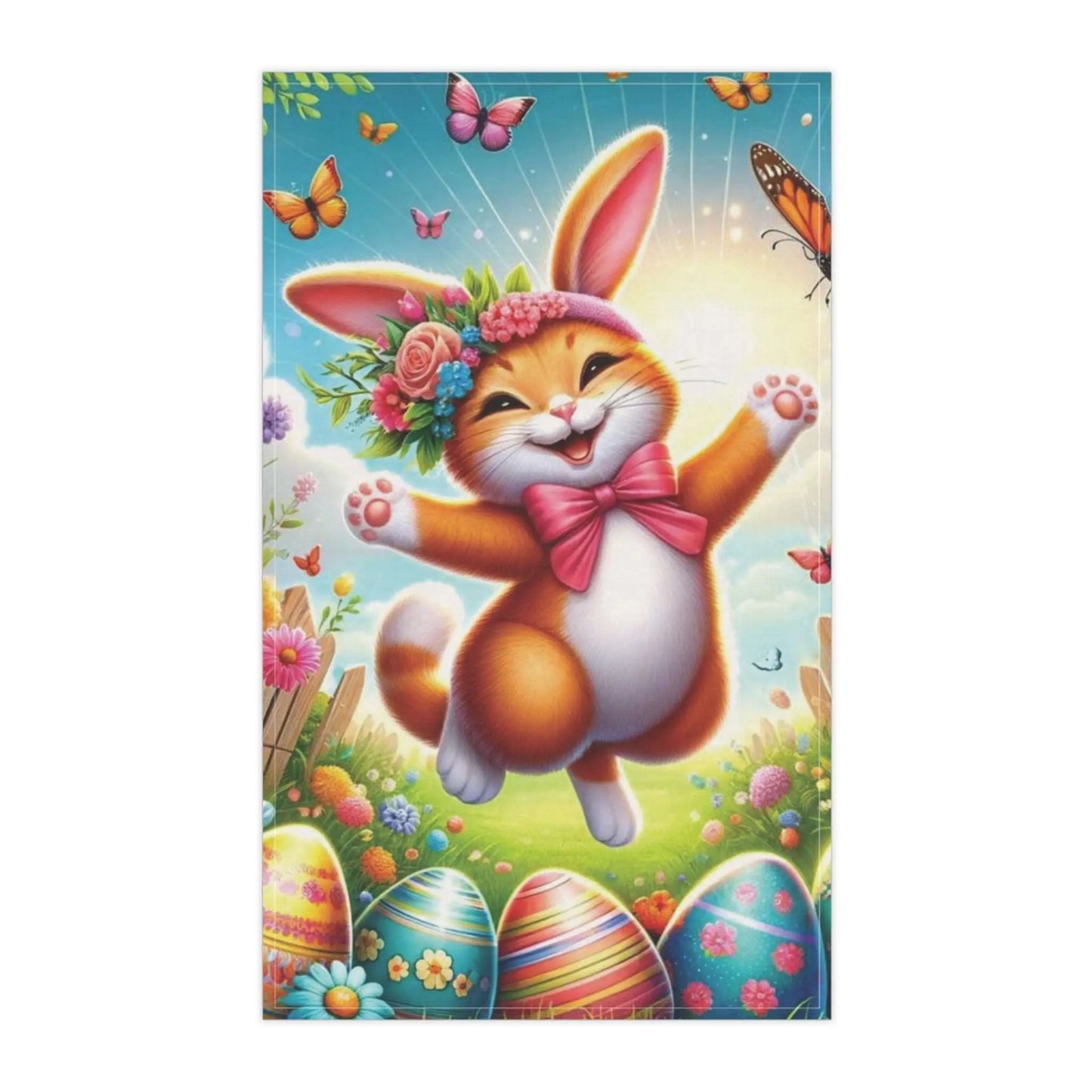 Happy Cat Easter Bunny - Kitchen Tea Towel - Home Decor
