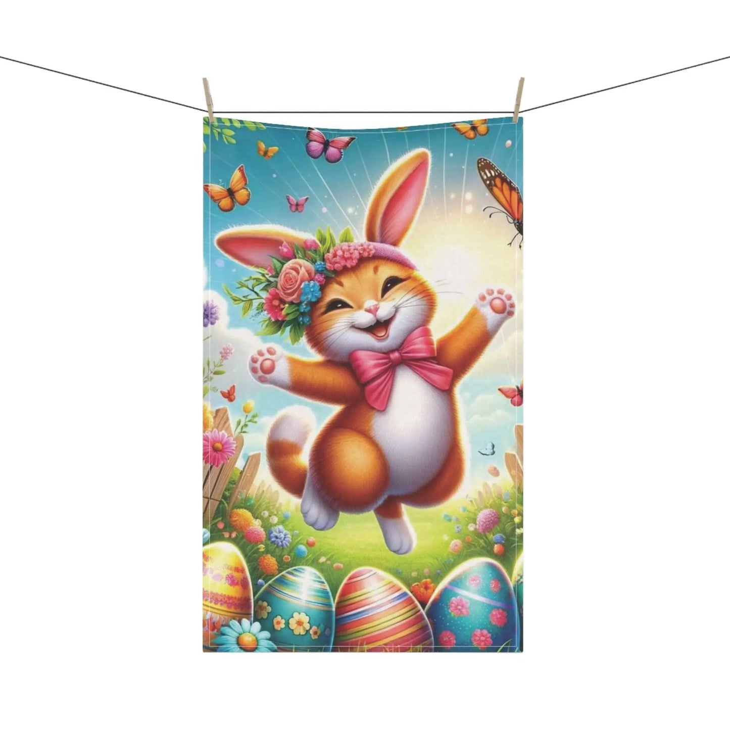 Happy Cat Easter Bunny - Kitchen Tea Towel - Home Decor