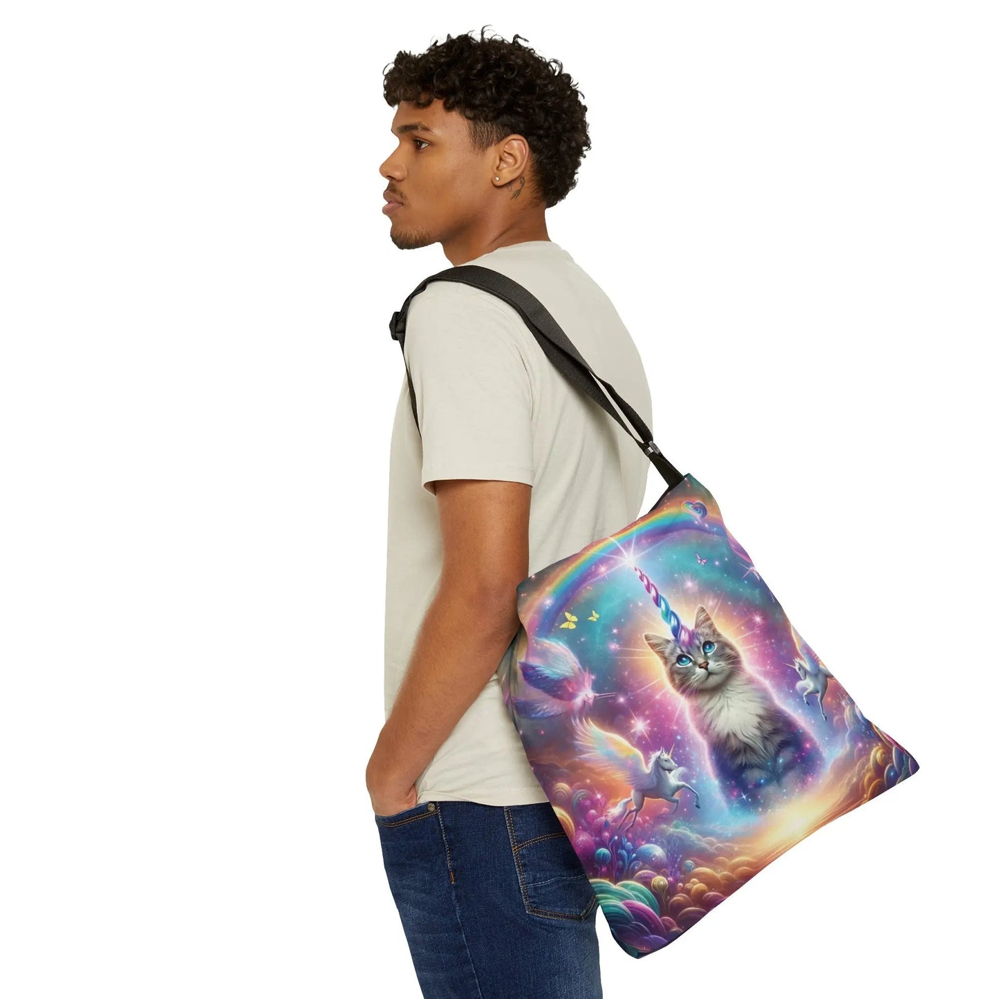 Rainbow Caticorn - Cat Unicron - Cat Lover - Adjustable Strap Tote Bag - Bags