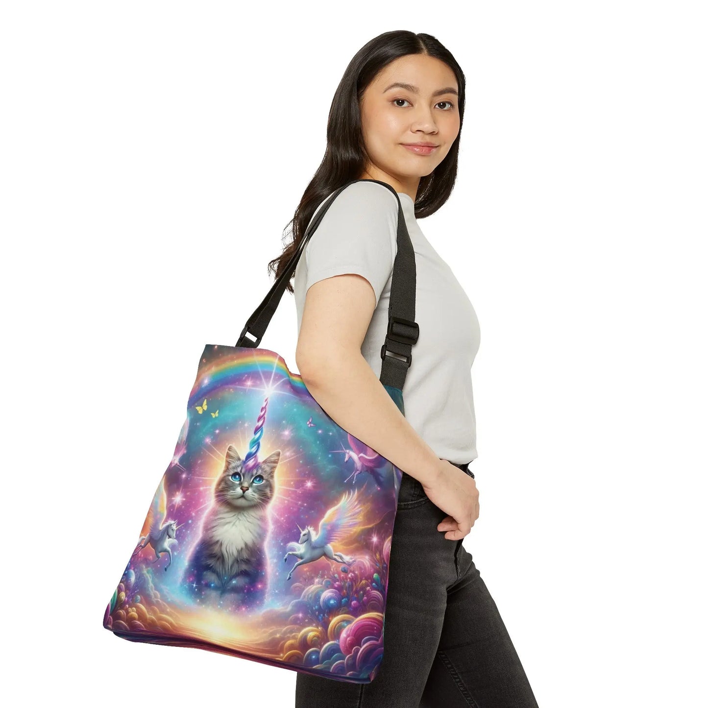 Rainbow Caticorn - Cat Unicron - Cat Lover - Adjustable Strap Tote Bag - Bags