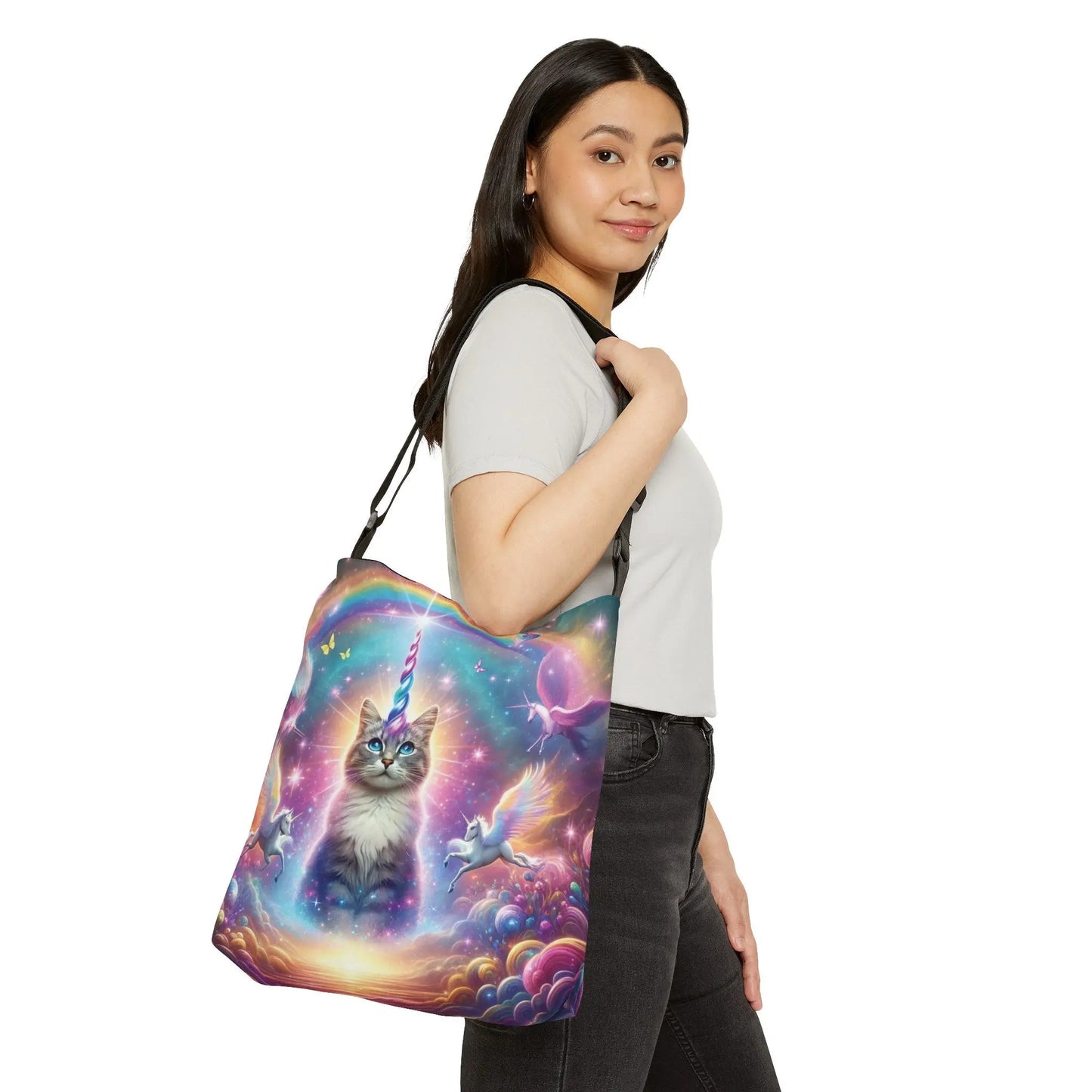 Rainbow Caticorn - Cat Unicron - Cat Lover - Adjustable Strap Tote Bag - Bags