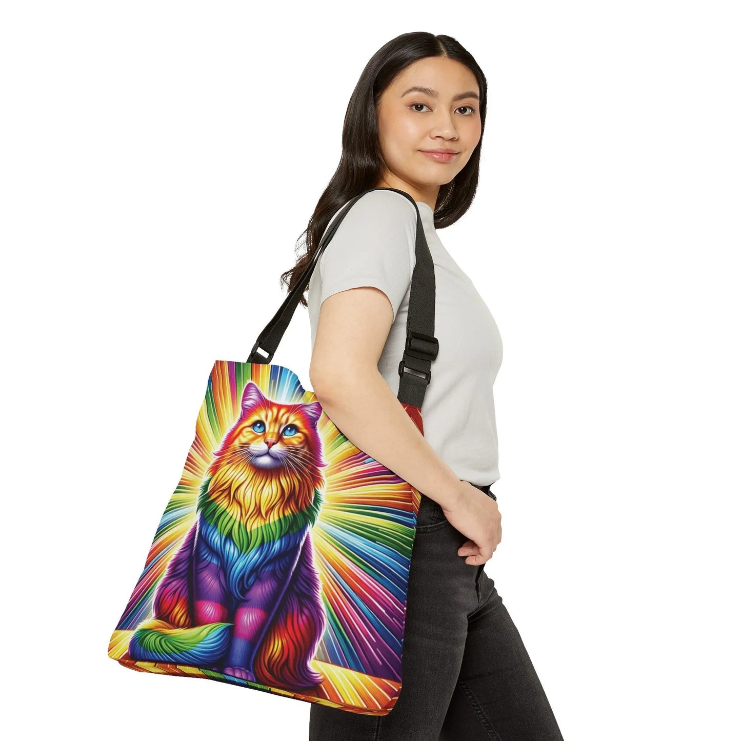 Rainbow Fluffy Cat - Adjustable Strap -Two Sizes - Tote Bag - Bags