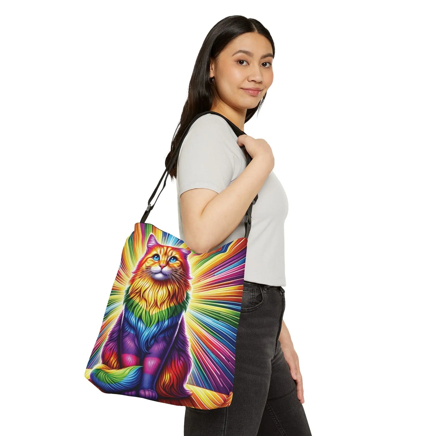Rainbow Fluffy Cat - Adjustable Strap -Two Sizes - Tote Bag - Bags