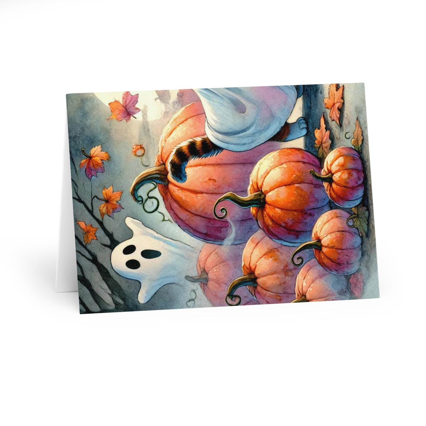 Halloween Ghost Cat in Pumpkin Patch- Blank Greeting Cards (5 Pack)   