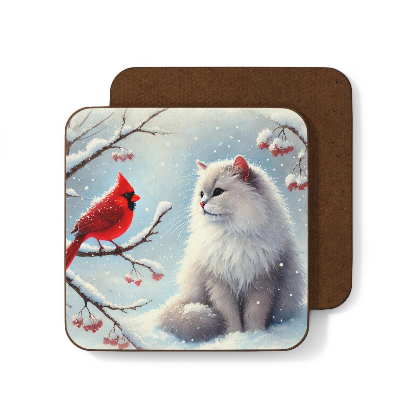 Winter Cardinal - Cat lover - Hardboard Back Coaster   