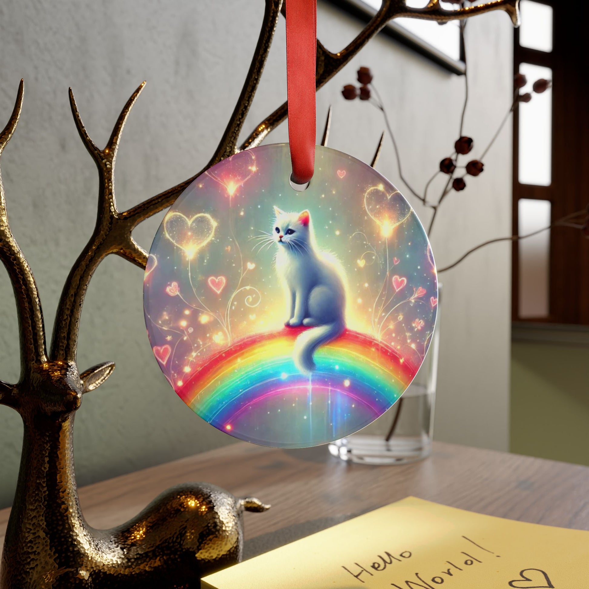 Hearts and Rainbows - Cat Lover Acrylic Ornament with Ribbon   