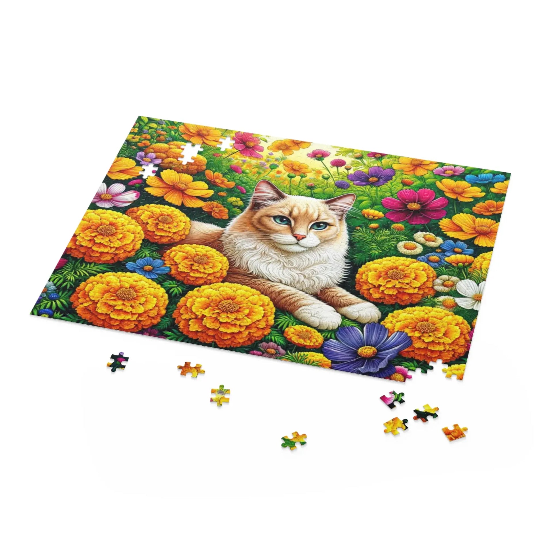 October Birth Flower Puzzle - Marigolds and Cosmos - Cat Lover Gift -  120-piece- 252-piece- or 500-piece - Montecore PawPrints