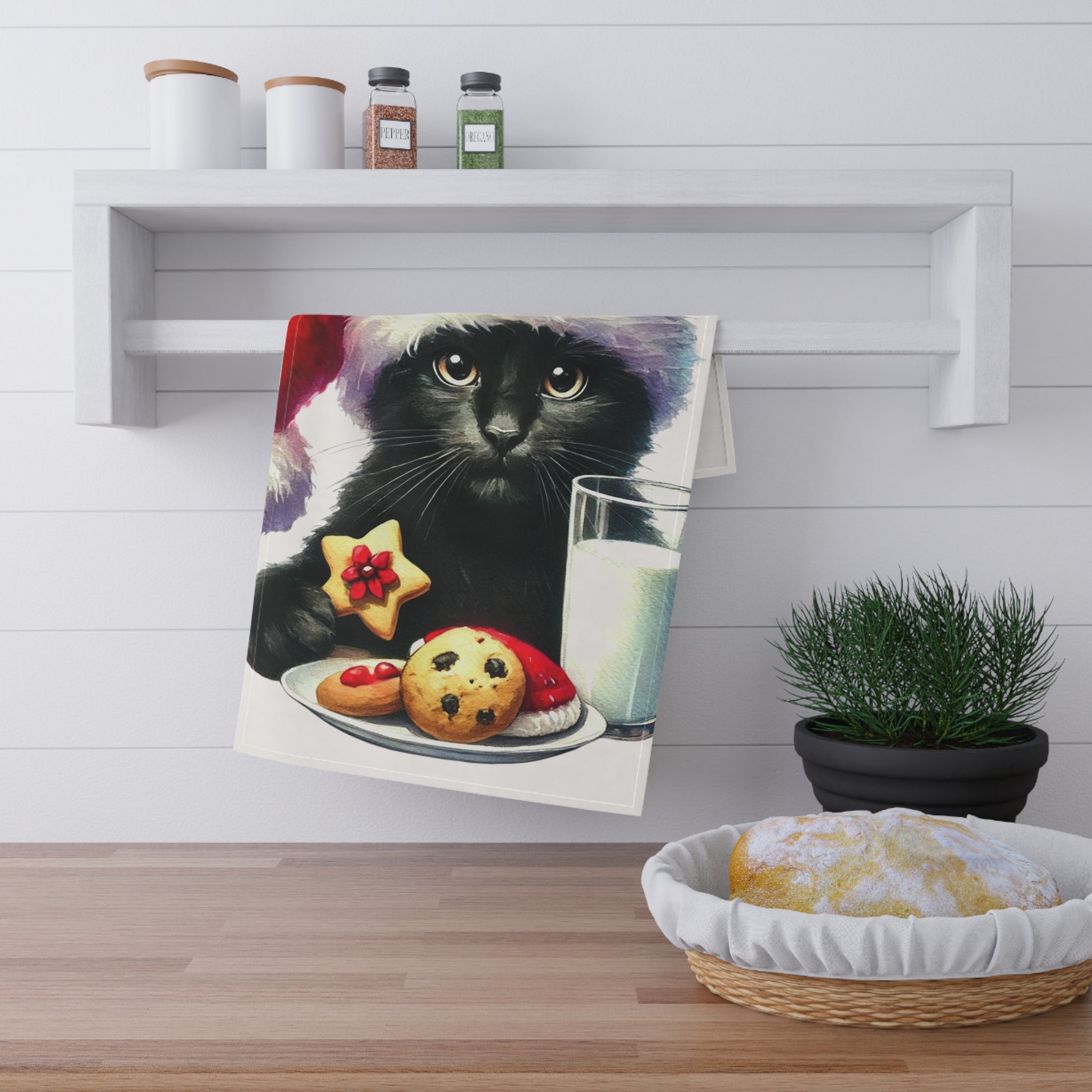 Christmas Santa Cat - Holiday Kitchen Tea Towel   