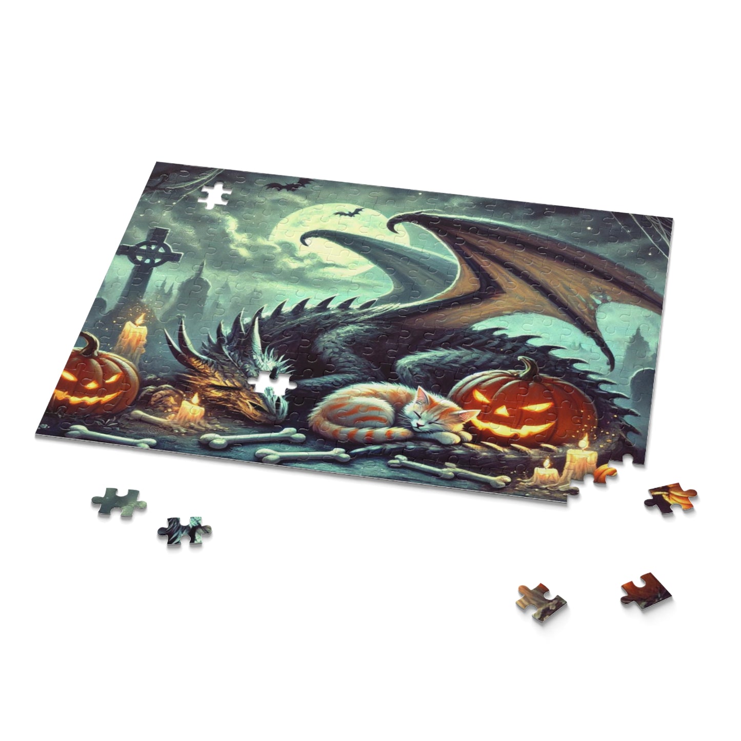 Fantasy Dragon and Cat Halloween Puzzle - Gift 120, 252, or 500 -piece options   