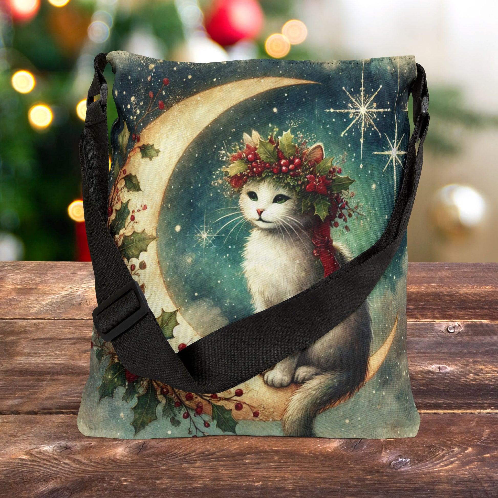 Holiday Moon - Cat Lover - Adjustable Strap Tote Bag   